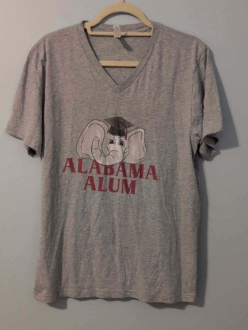 Bella Canvas Gray V-Neck Tee with Red 'Alabama Alum' Elephant